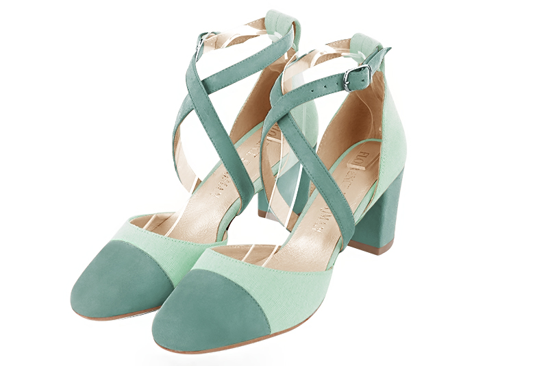 Mint green women's open side shoes, with crossed straps. Round toe. Medium block heels. Front view - Florence KOOIJMAN